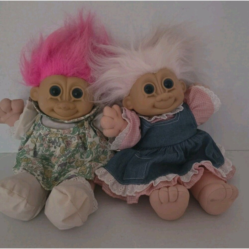Russ Berrie Troll Doll Lot Of 2 Vintage 12” Pink Hair Denim & Floral Dress